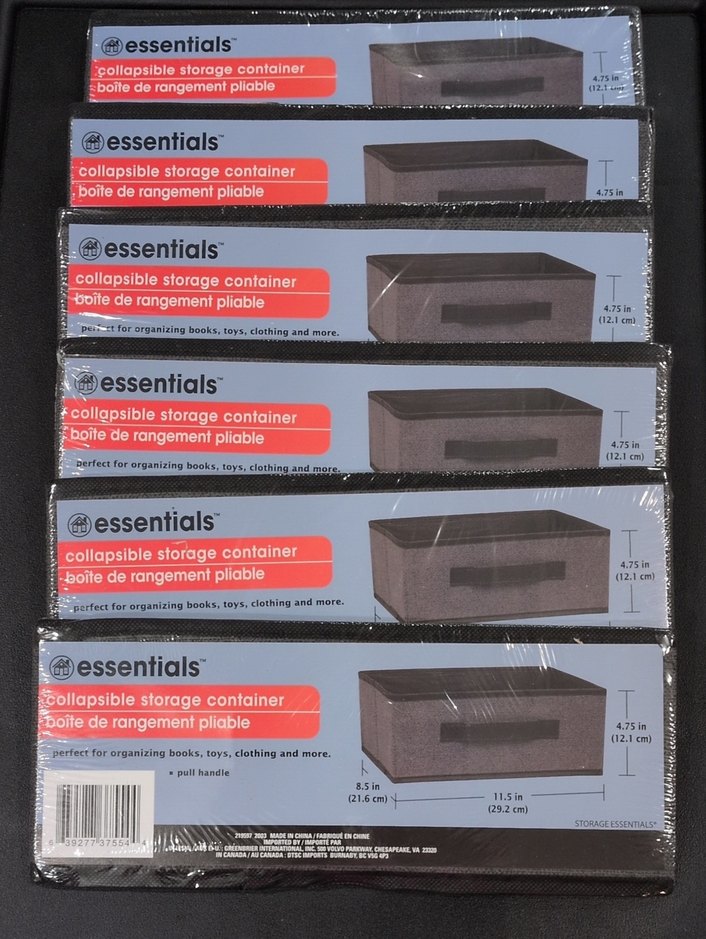 Set Of Six(6) Essentials Collapsible Storage Container Gray 8.5"x11.5"x4.75"